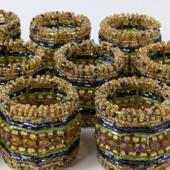 Pier One Napkin Rings Set 10 Glass Bead Brown Green Gold 1.75" Barrel Fall Boho - Picture 3 of 7